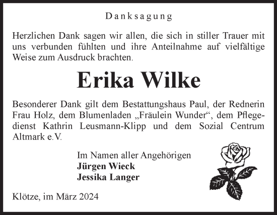 Traueranzeige von Erika Wilke von Volksstimme Altmark West