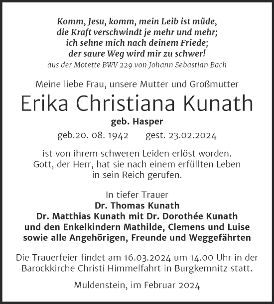Traueranzeige von Erika Christiana Kunath von Trauerkombi Bitterfeld