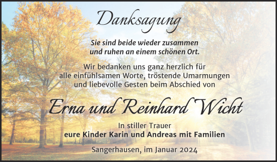 Traueranzeige von Erna und Reinhard Wicht von Trauerkombi Sangerhausen