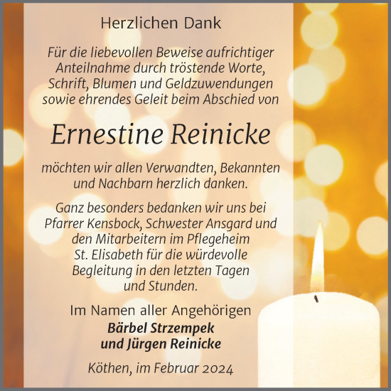 Traueranzeige von Ernestine Reinicke von Trauerkombi Köthen