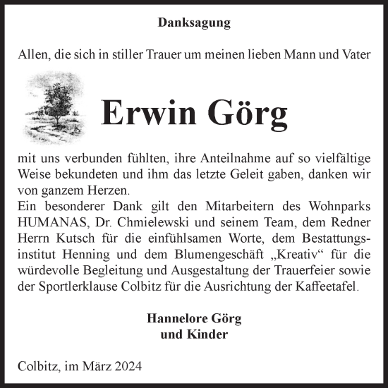 Traueranzeige von Erwin Görg von Volksstimme Haldensleben/Wolmirstedt