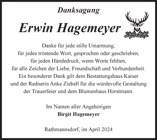 Traueranzeige von Erwin Hagemeyer von Volksstimme Staßfurt