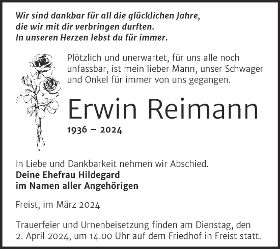 Traueranzeige von Erwin Reimann von Trauerkombi Mansfelder Land