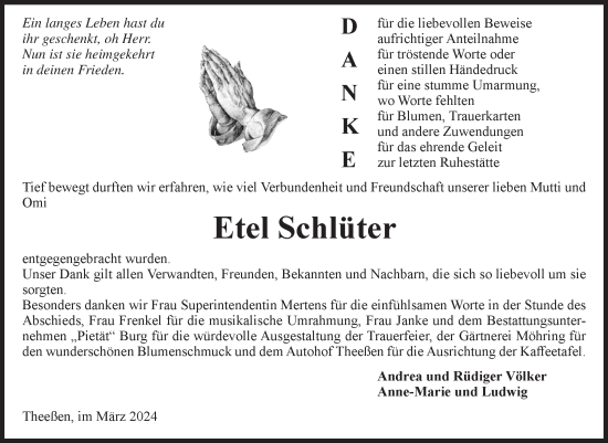 Traueranzeige von Etel Schlüter von Volksstimme Burg/Genthin