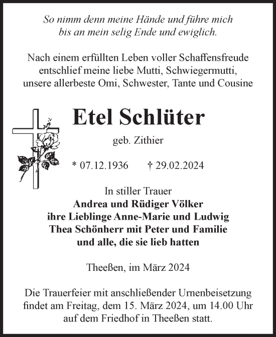 Traueranzeige von Etel Schlüter von Volksstimme Burg/Genthin
