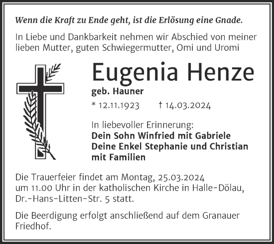 Traueranzeige von Eugenia Henze von Mitteldeutsche Zeitung Halle/Saalkreis