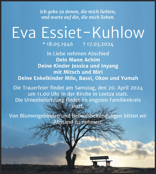 Traueranzeige von Eva Essiet-Kuhlow von Trauerkombi Wittenberg