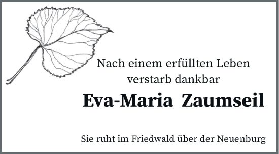 Traueranzeige von Eva-Maria Zaumseil von Naumburger Tageblatt
