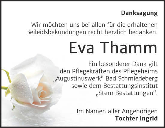 Traueranzeige von Eva Thamm von Trauerkombi Wittenberg