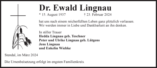 Traueranzeige von Ewald Lingnau von Volksstimme Altmark Ost