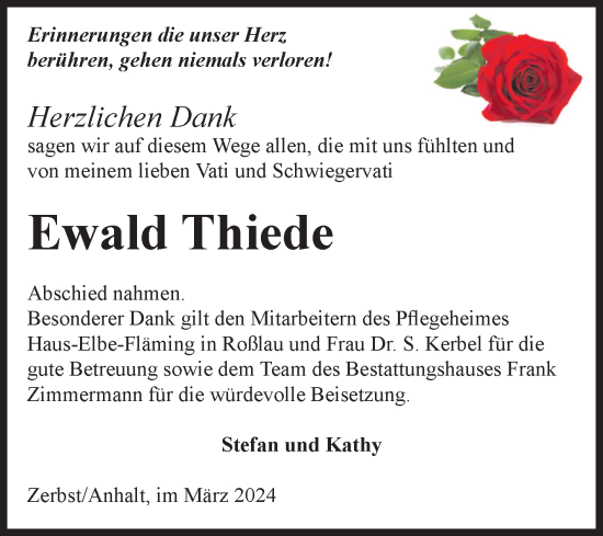 Traueranzeige von Ewald Thiede von Volksstimme Zerbst