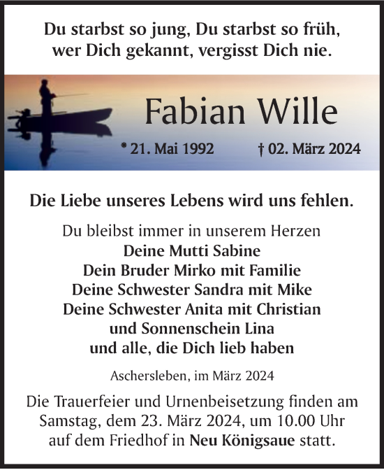 Traueranzeige von Fabian Wille von Trauerkombi Aschersleben