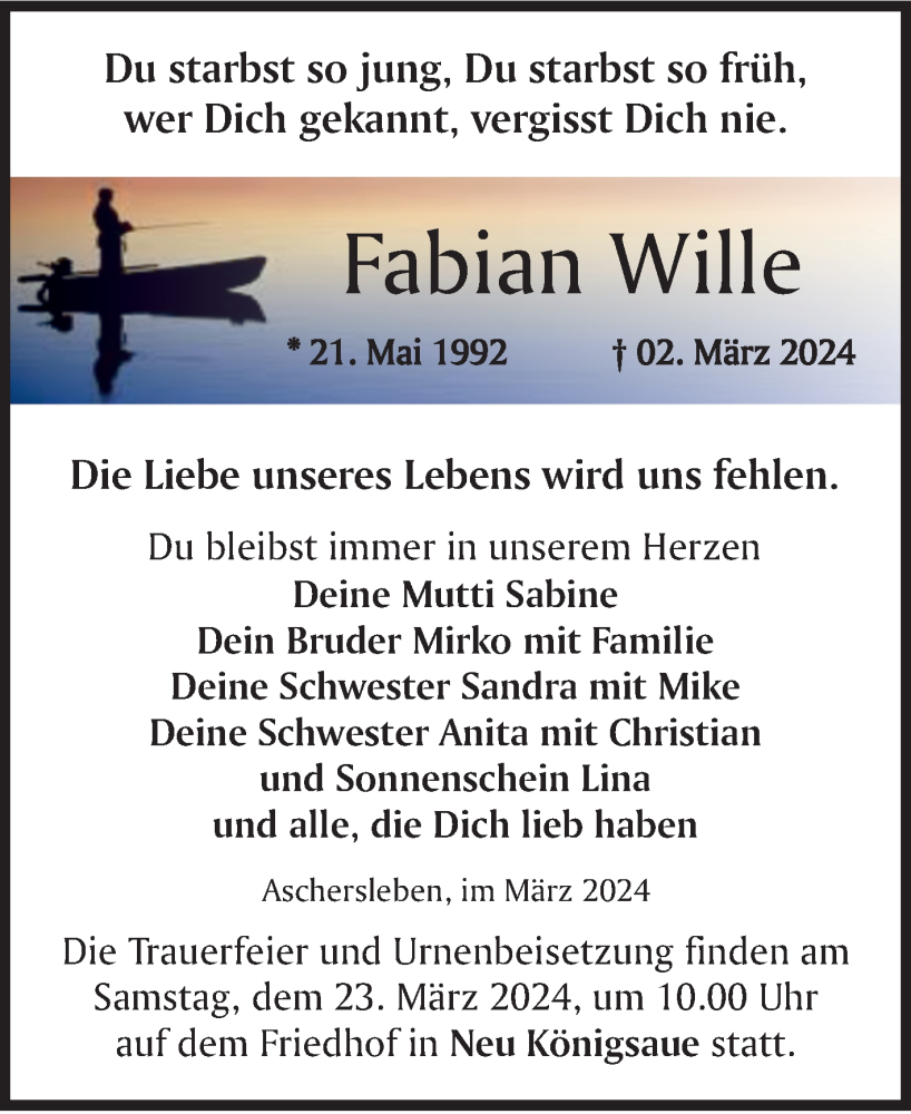  Traueranzeige für Fabian Wille vom 09.03.2024 aus Trauerkombi Aschersleben