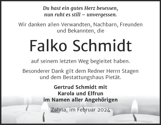 Traueranzeige von Falko Schmidt von Trauerkombi Wittenberg