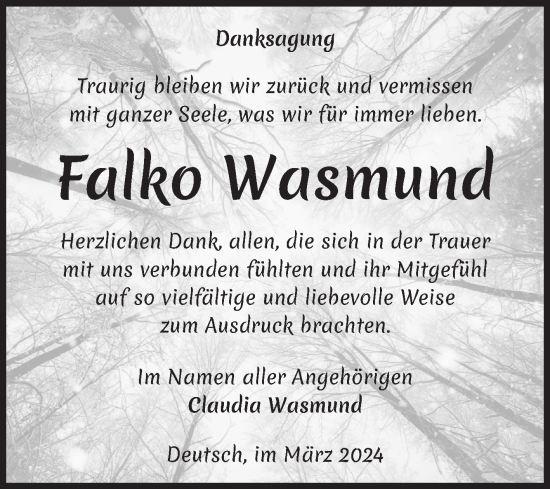 Traueranzeige von Falko Wasmund von Volksstimme Altmark Ost