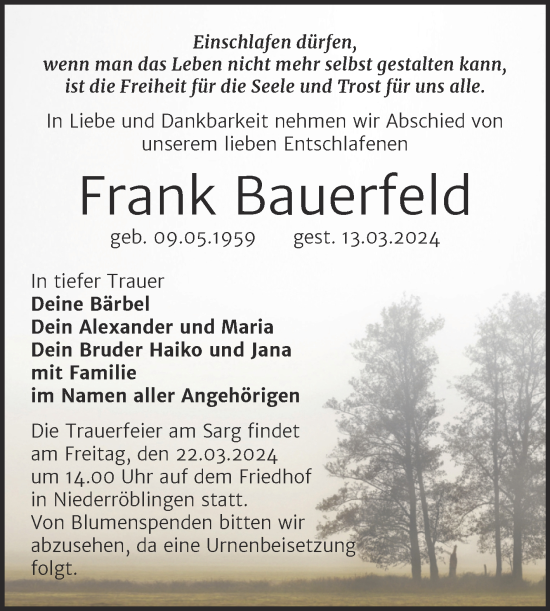 Traueranzeige von Frank Bauerfeld von Mitteldeutsche Zeitung Sangerhausen