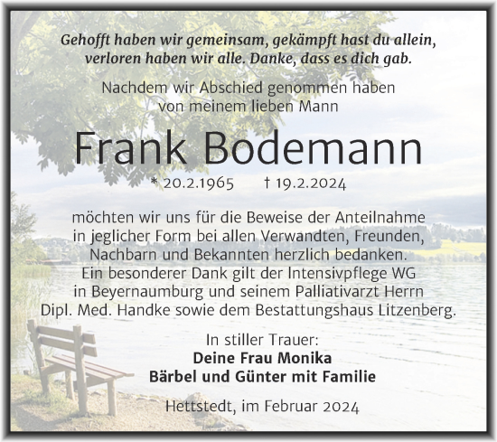 Traueranzeige von Frank Bodemann von Trauerkombi Mansfelder Land