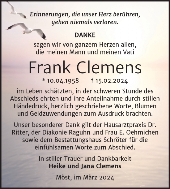 Traueranzeige von Frank Clemens von Trauerkombi Bitterfeld