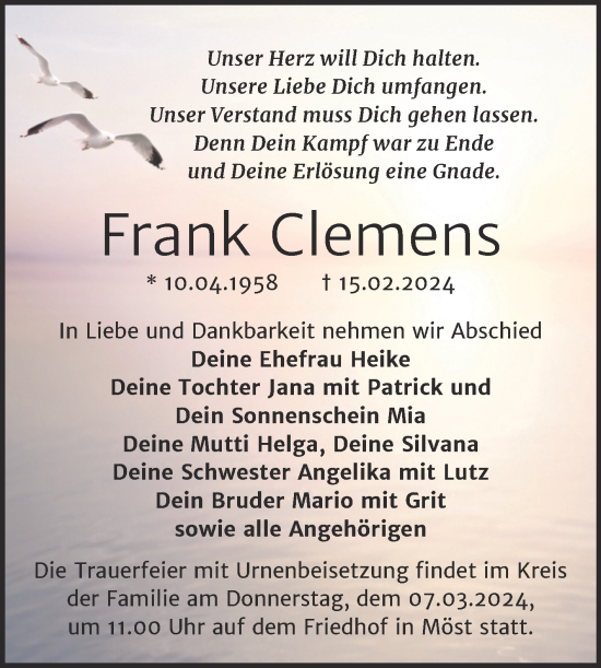 Traueranzeige von Frank Clemens von Trauerkombi Bitterfeld