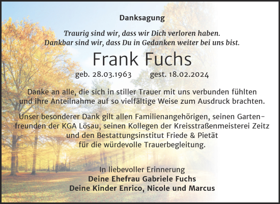 Traueranzeige von Frank Fuchs von Trauerkombi Weißenfels