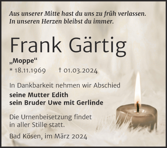 Traueranzeige von Frank Gärtig von Super Sonntag Naumburg/Nebra