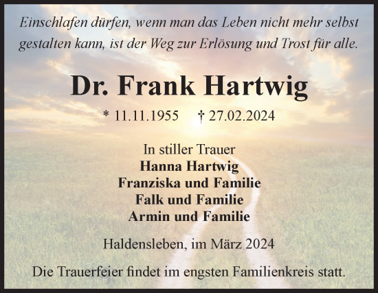 Traueranzeige von Frank Hartwig von Volksstimme Haldensleben/Wolmirstedt