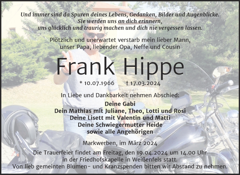  Traueranzeige für Frank Hippe vom 30.03.2024 aus Trauerkombi Weißenfels