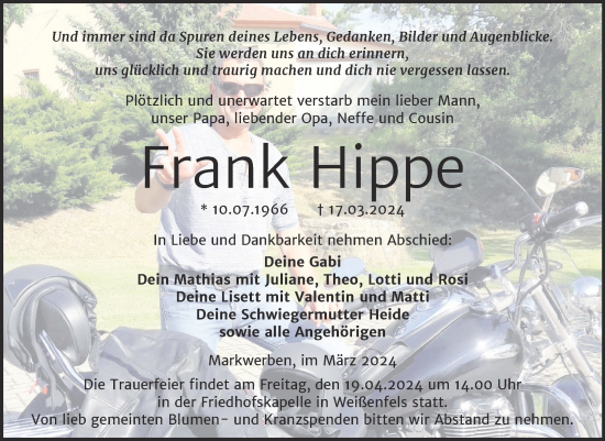 Traueranzeige von Frank Hippe von Trauerkombi Weißenfels