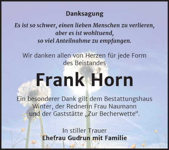 Traueranzeige von Frank Horn von Trauerkombi Bitterfeld