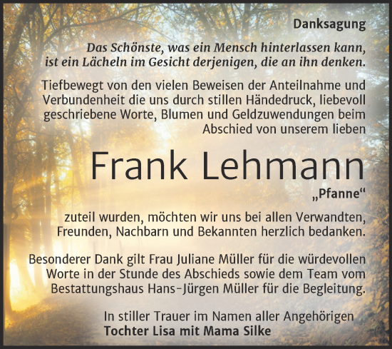 Traueranzeige von Frank Lehmann von Trauerkombi Aschersleben