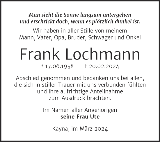 Traueranzeige von Frank Lochmann von Trauerkombi Zeitz