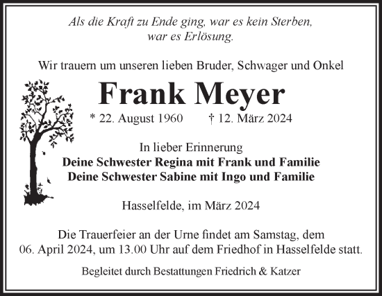 Traueranzeige von Frank Meyer von Volksstimme Wernigerode