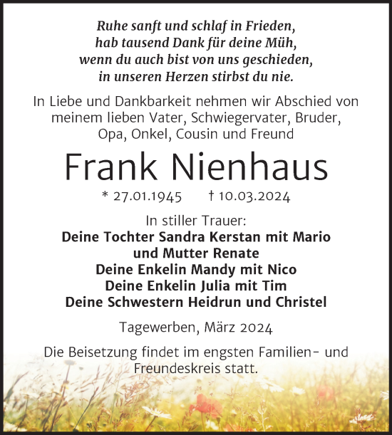 Traueranzeige von Frank Nienhaus von Trauerkombi Weißenfels