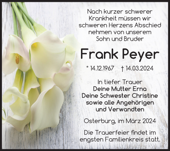 Traueranzeige von Frank Peyer von Volksstimme Altmark Ost