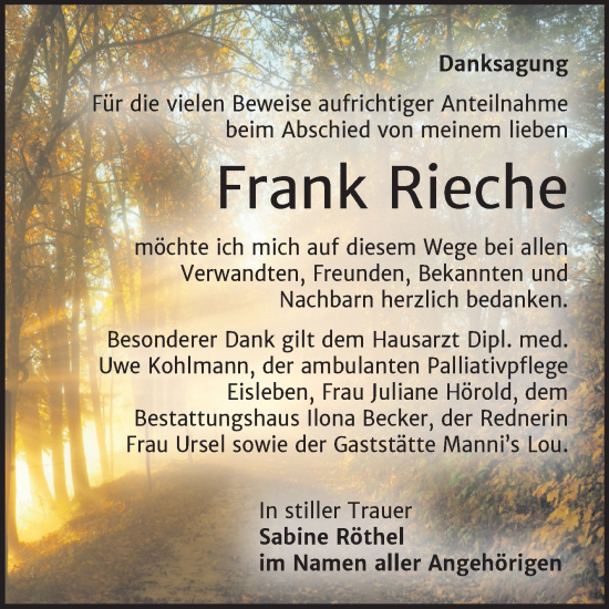 Traueranzeige von Frank Rieche von Trauerkombi Sangerhausen