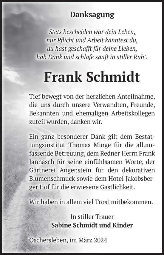 Traueranzeige von Frank Schmidt von Volksstimme Oschersleben/Wanzleben