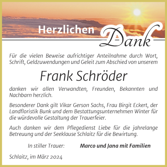 Traueranzeige von Frank Schröder von Trauerkombi Bitterfeld
