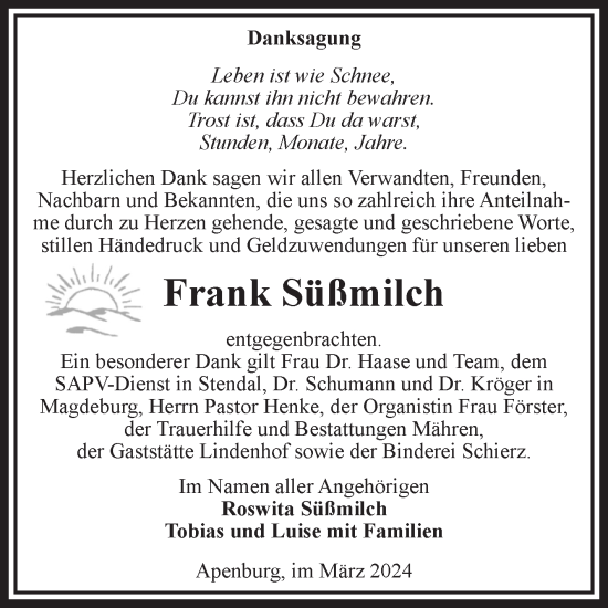 Traueranzeige von Frank Süßmilch von Volksstimme Altmark West