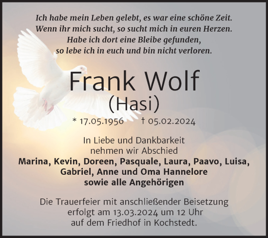 Traueranzeige von Frank Wolf von Trauerkombi Dessau