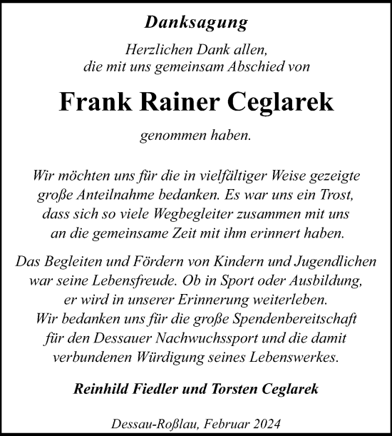 Traueranzeige von Frank Rainer Ceglarek von Trauerkombi Dessau