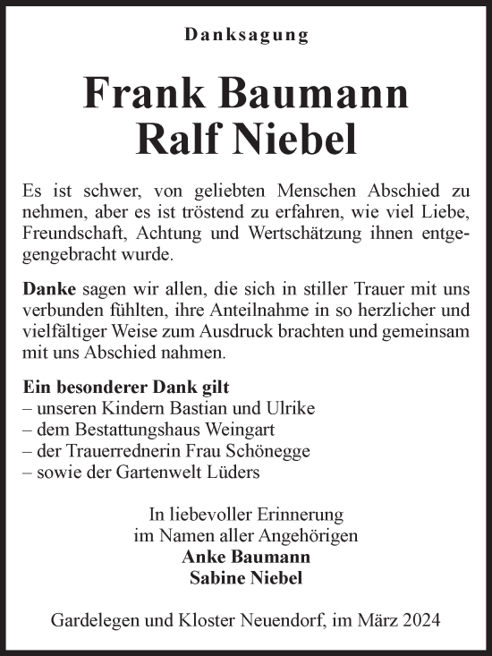 Traueranzeige von Frank und Ralf Baumann und Niebel von Volksstimme Altmark West