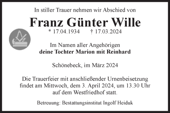 Traueranzeige von Franz Günter Wille von Volksstimme Schönebeck