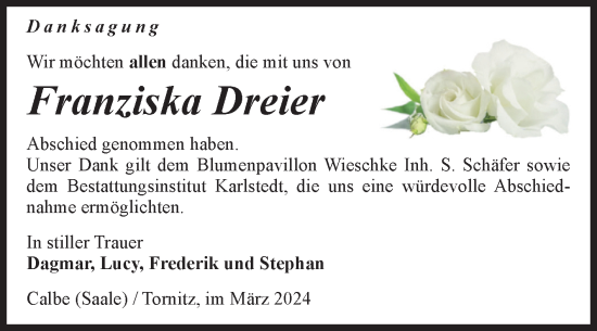 Traueranzeige von Franziska Dreier von Volksstimme Schönebeck