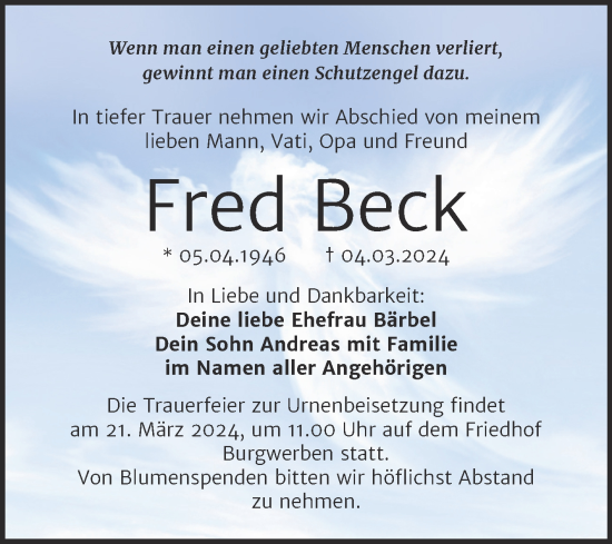 Traueranzeige von Fred Beck von Trauerkombi Weißenfels