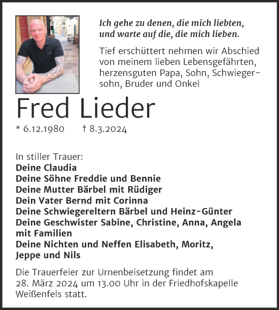 Traueranzeige von Fred Lieder von Trauerkombi Weißenfels