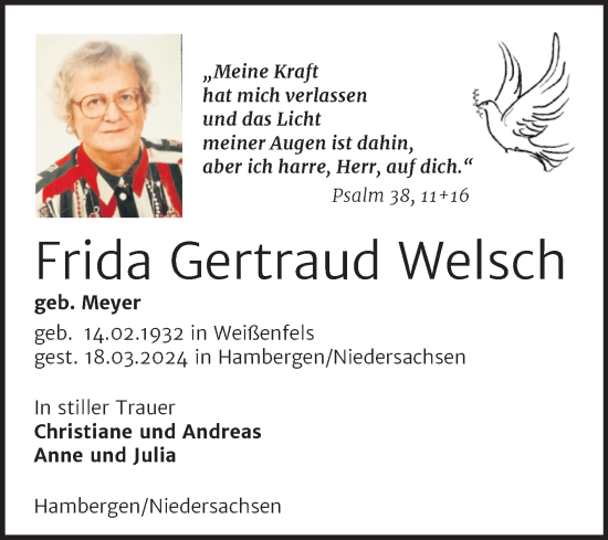 Traueranzeige von Frida Gertraud Welsch von Mitteldeutsche Zeitung Weißenfels