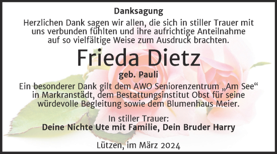Traueranzeige von Frieda Dietz von Trauerkombi Weißenfels