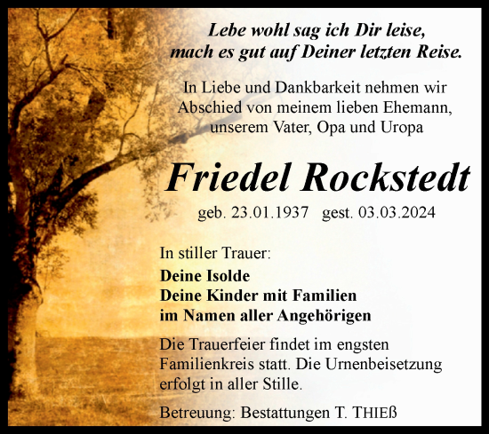 Traueranzeige von Friedel Rockstedt von Volksstimme Wernigerode