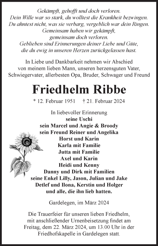 Traueranzeige von Friedhelm Ribbe von Volksstimme Altmark West