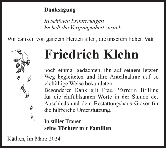 Traueranzeige von Friedrich Klehn von Volksstimme Altmark Ost